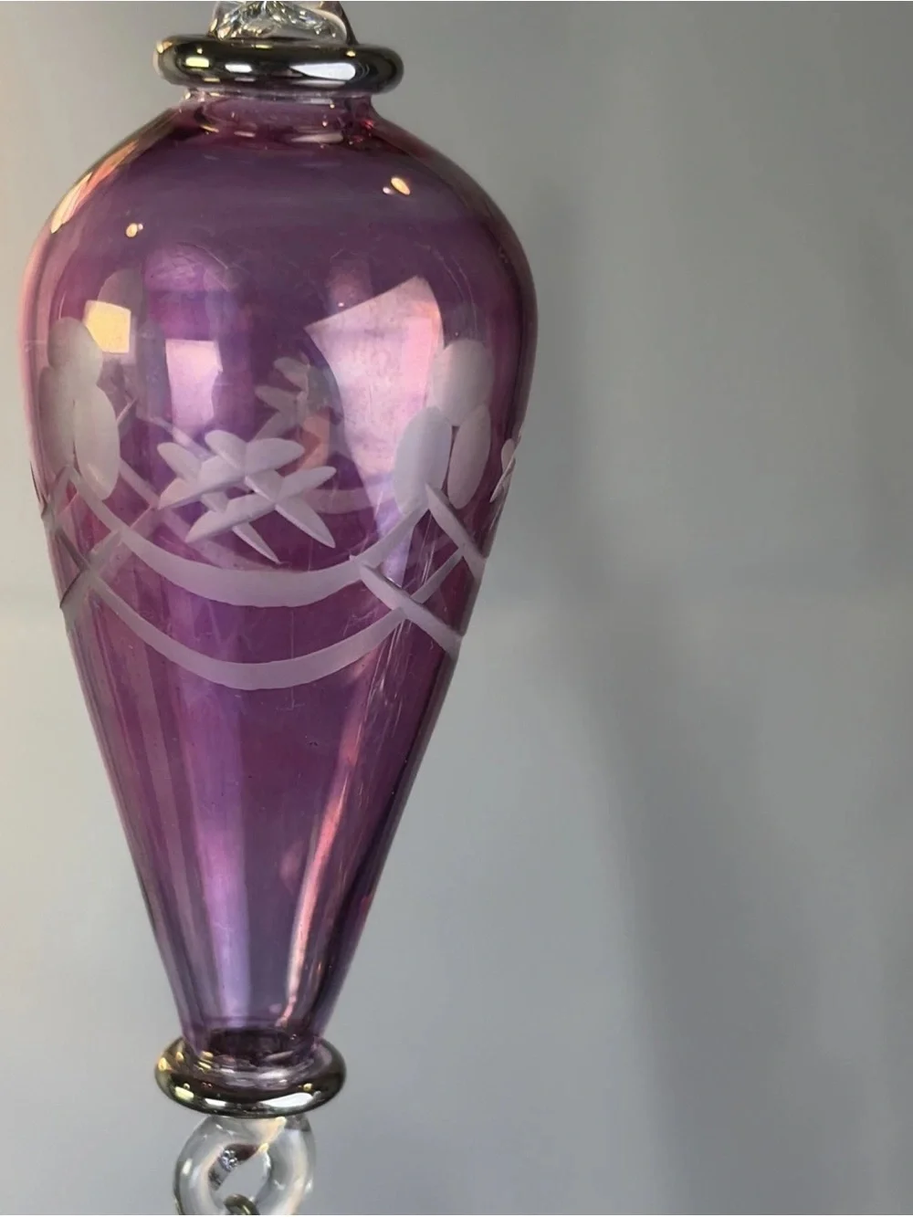 Set of 2 Egyptian Hand Blown Fancy Gold Purple Etched Glass Christmas Ornaments